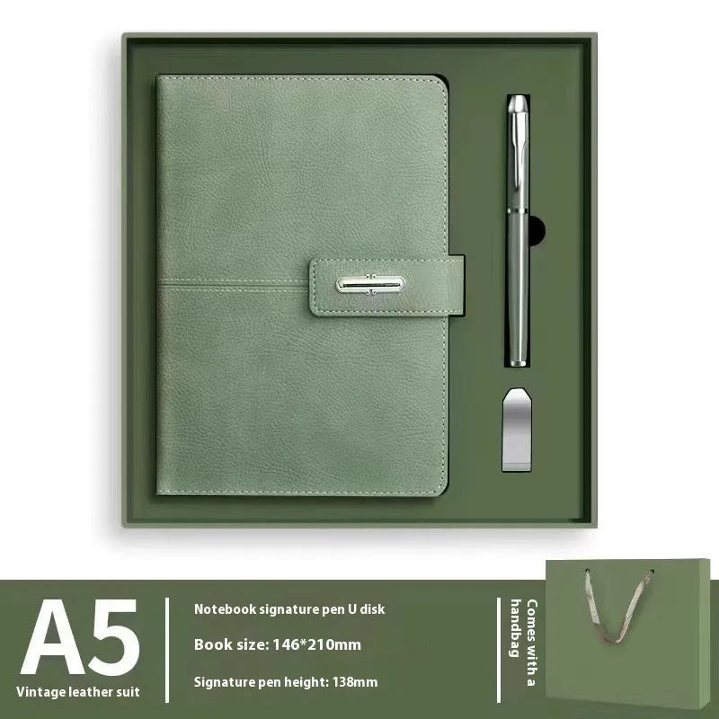 A5 notebook with imitation leather cover in colour options including black, red, green, blue, and orange.