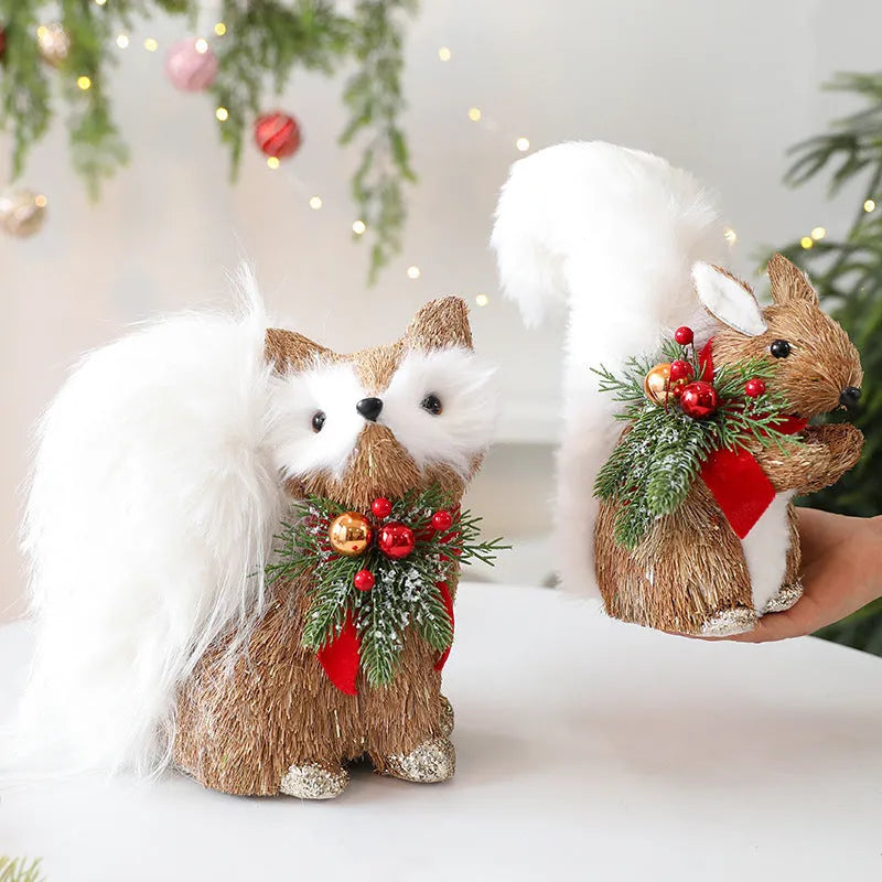 Straw Christmas Ornaments Elk Squirrel Fox Hanging Decorations for Christmas Tree Scene Layout Festive Home Display Set of 1