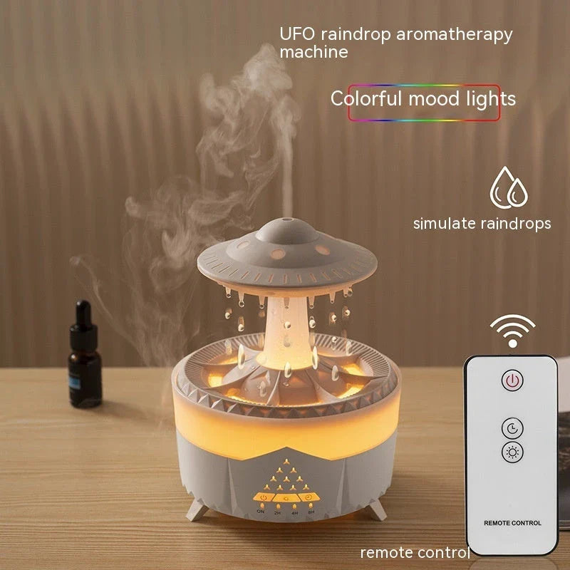 Relaxing cloud-shaped humidifier with raindrop sound, essential oil diffusion, and colorful lighting