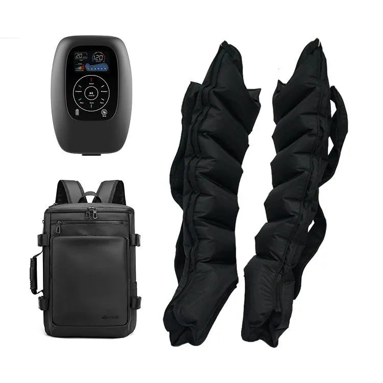 Air wave pressure leg, arm, and waist massager unit with handheld remote control on a grey background