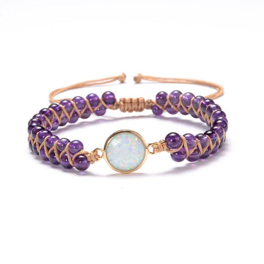 Stylish stone-wrapped bracelets featuring genuine amethyst and opal accents in a braided design
