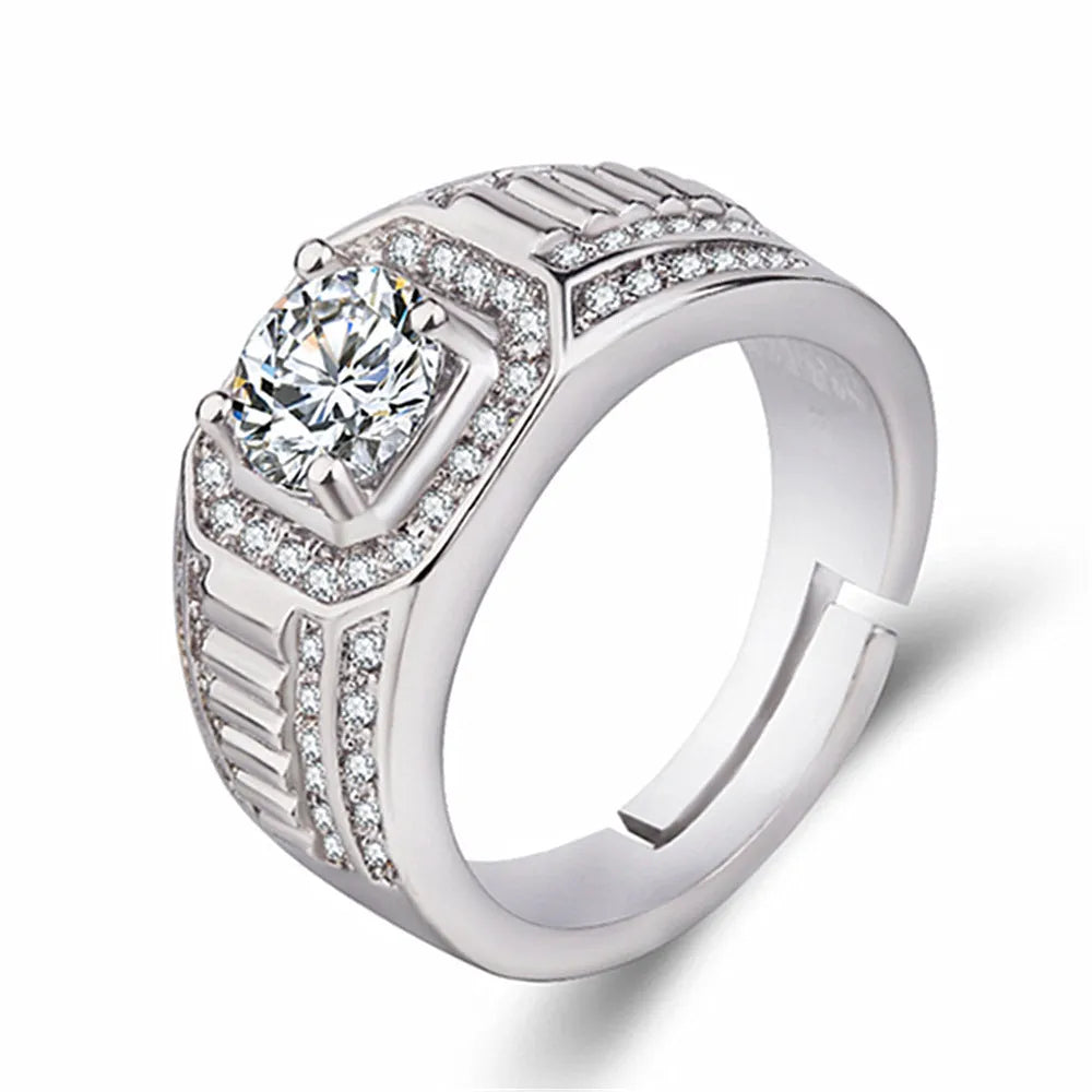 Large square diamond men's ring made of copper with an adjustable band, shown in gold and platinum colour options.