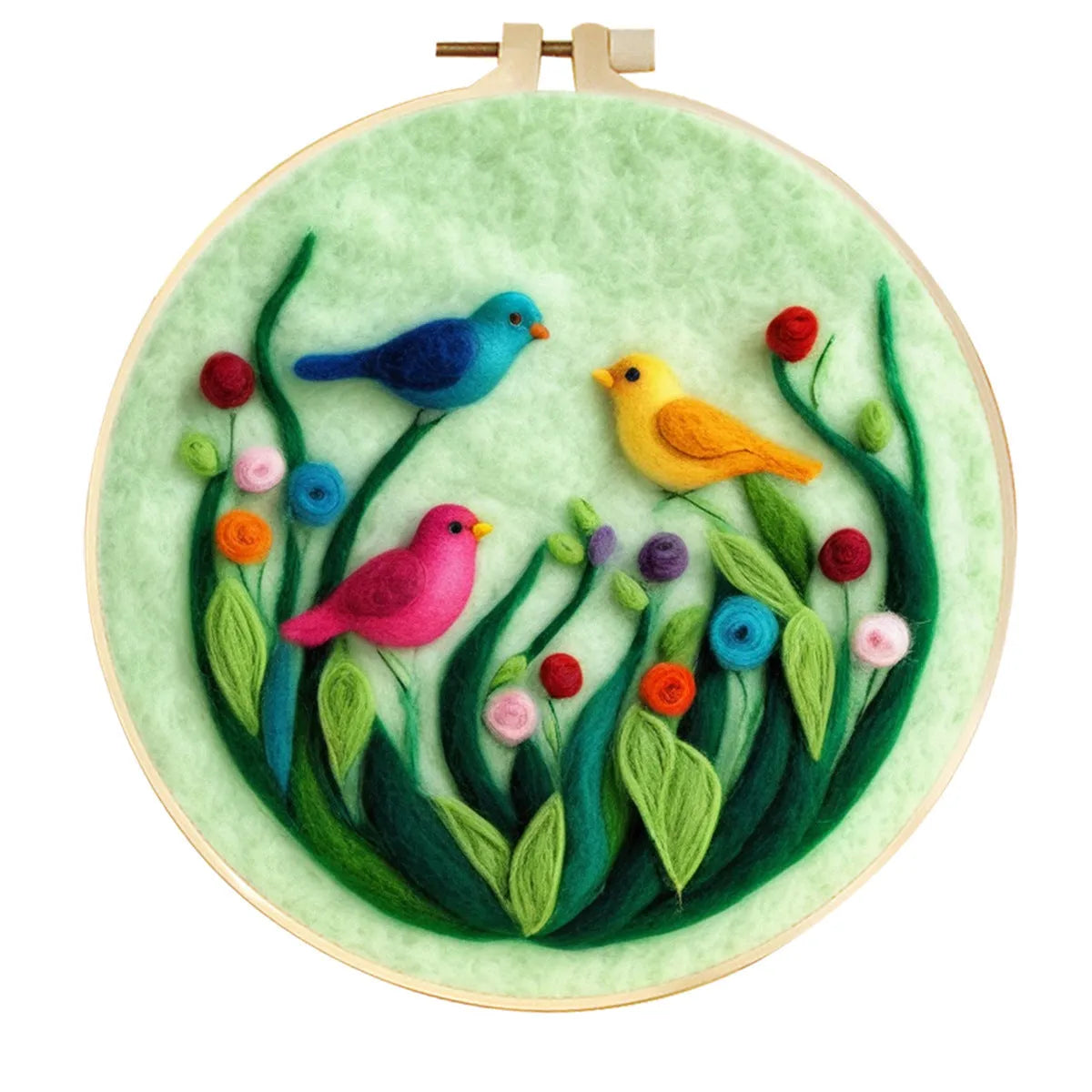 Round three-dimensional embroidery kit with linen fabric, wool felt pieces, and embroidery frame for 20x20 cm blanket painting