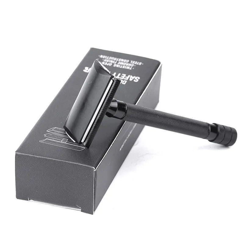 Traditional manual pogonotomy metal scraper and brush set in black or silver colour