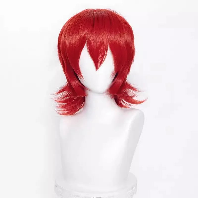 Short-length anime cosplay wig in high-temperature fibre on a stand.