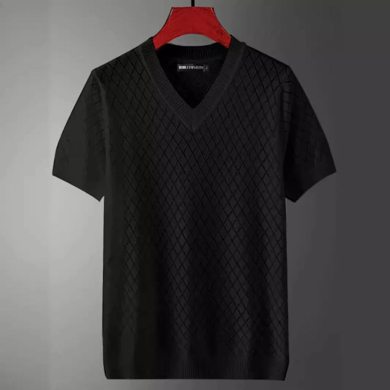 Men's V-neck T-shirt in ice silk polyester fibre blend for summer, available in plus sizes M to XXXL with short sleeves and Korean-style pullover design, offered in black or white colour options with both V-neck and round neck styles