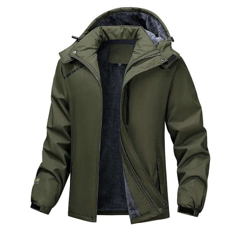 Plus size men's hooded waterproof coat in polyester, shown in army green colour.