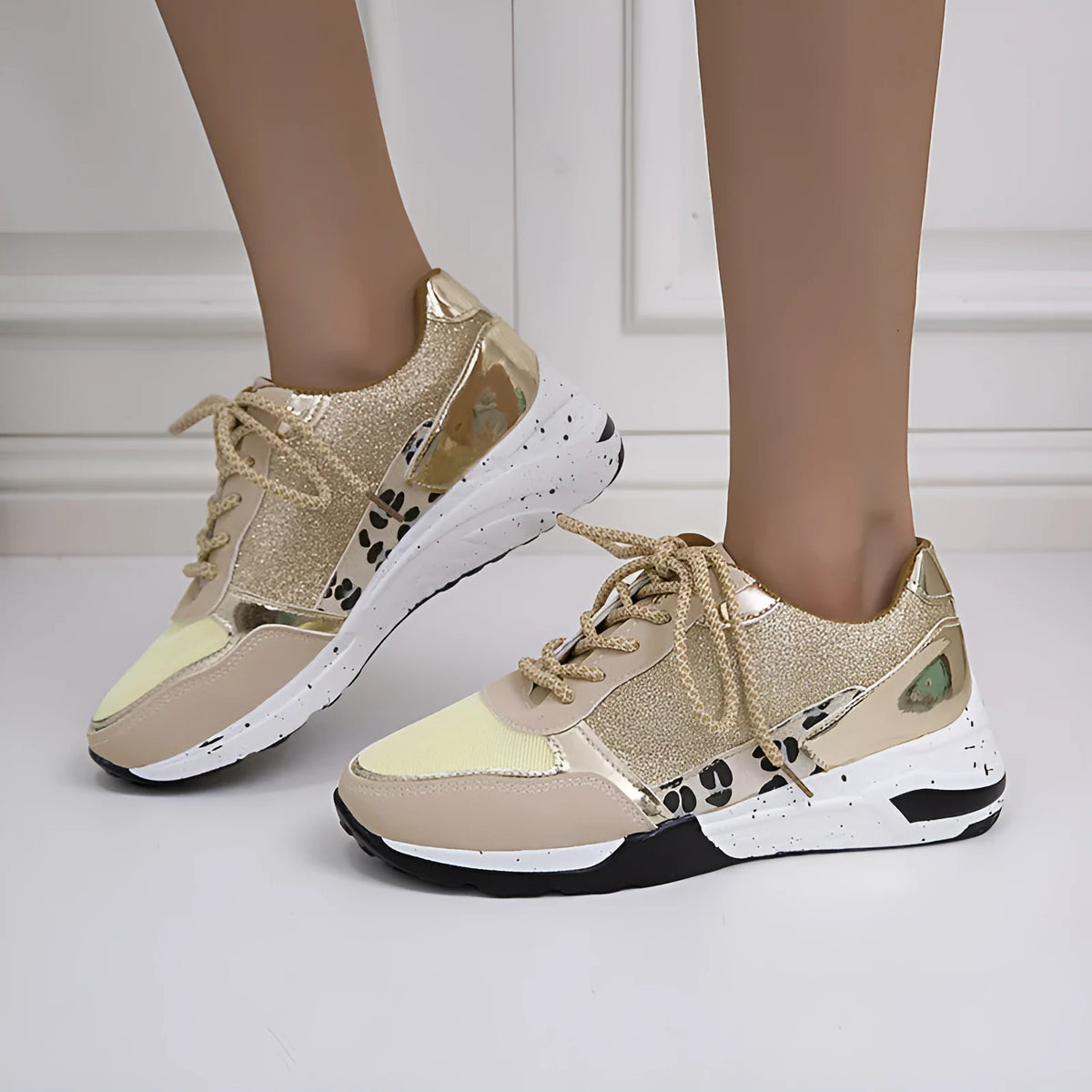 Women's lace-up wedge trainers in beige or grey with round toe, artificial PU upper and rubber sole, sizes 35-43