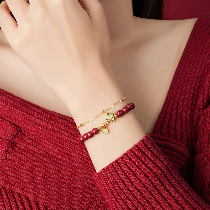 Sterling silver women's bracelet with Ruyi Xiangyun cinnabar flower geometric design