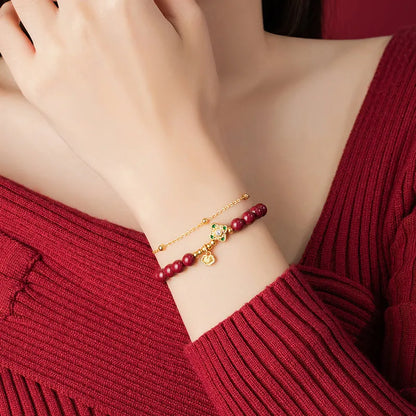 Sterling silver women's bracelet with Ruyi Xiangyun cinnabar flower geometric design