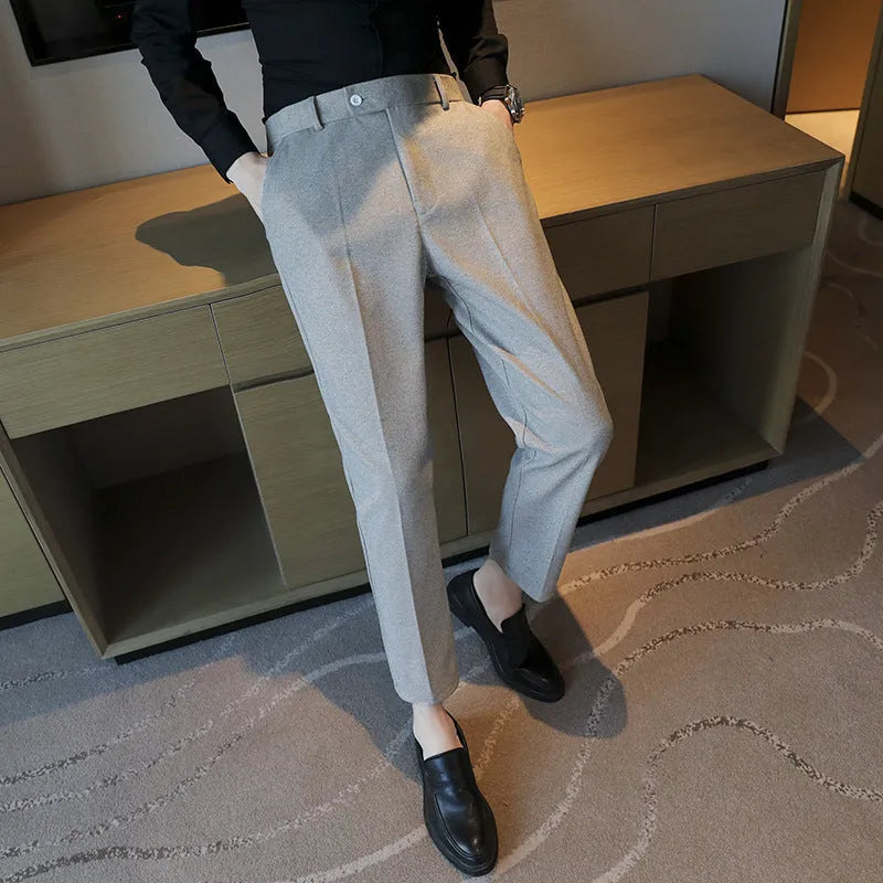 Corduroy casual trousers in straight retro brown elastic slim fit styling available in black M2 ninth dark grey light grey beige and brown colour options with sizes from 28 to 38 waist for light business or everyday wear