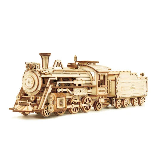 Premium model wooden train kit with 308 precision-cut wooden pieces for a rewarding DIY assembly project