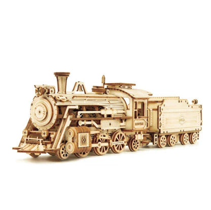 Premium model wooden train kit with 308 precision-cut wooden pieces for a rewarding DIY assembly project