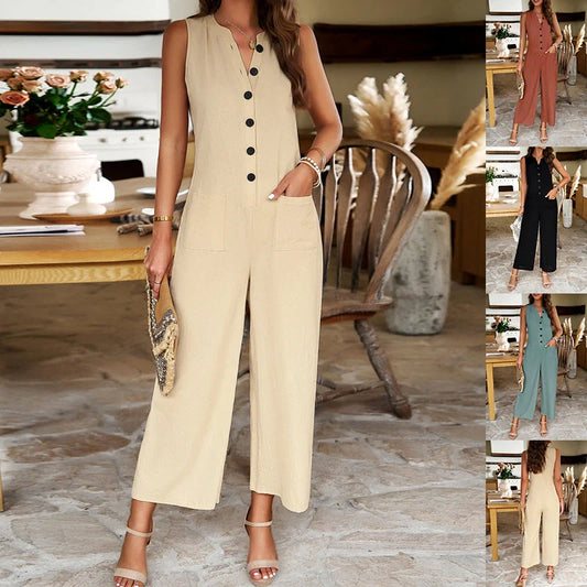 Stylish sleeveless jumpsuit for women in cotton and linen blend with button design