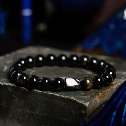 Natural obsidian single ring bracelet with 8mm beads and retro constellation design.