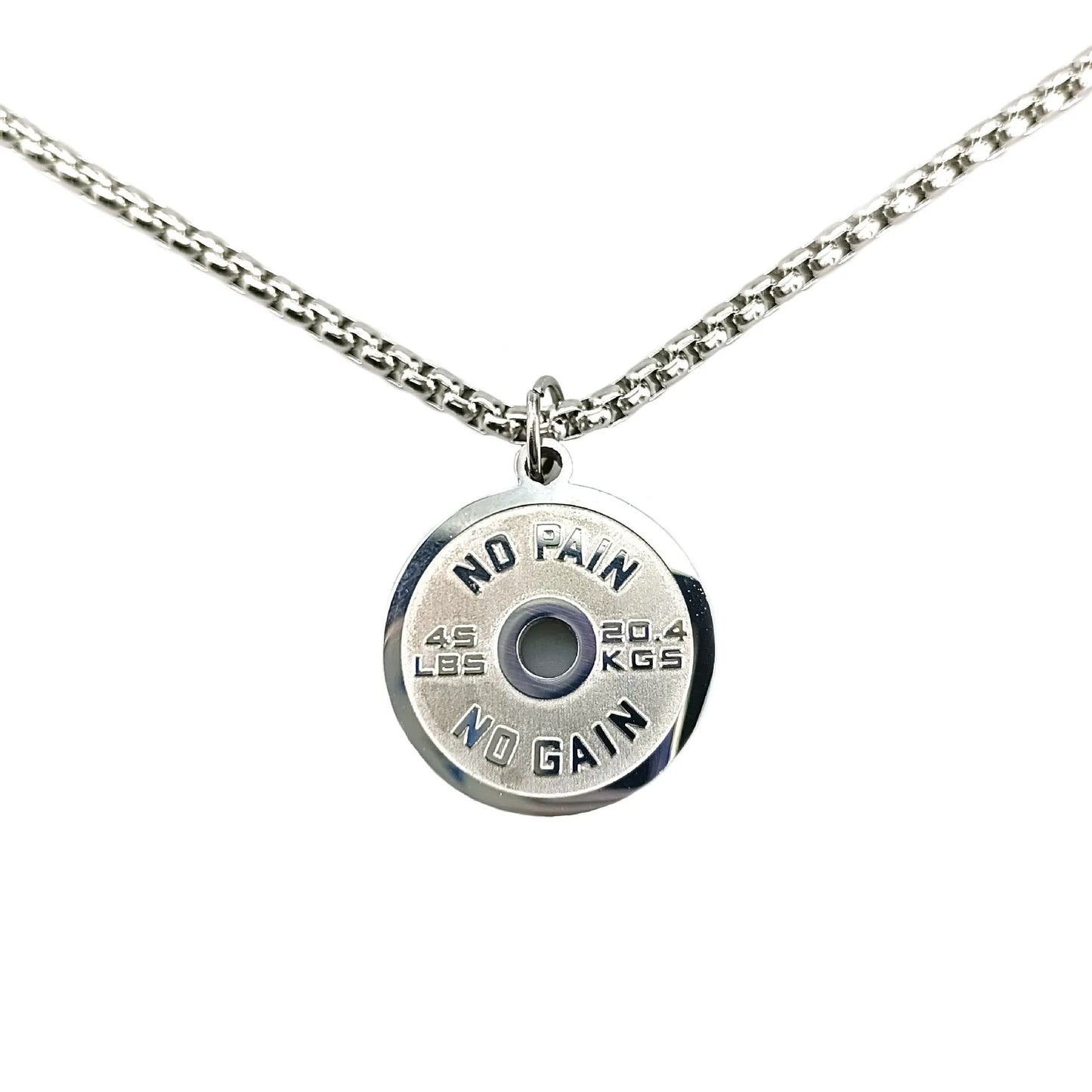 Stainless steel barbell disk necklace with polished pendant on 60cm chain