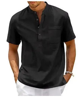 Men's solid colour short sleeve polo shirt with stand collar and loose fit, bird eye cloth, summer top.