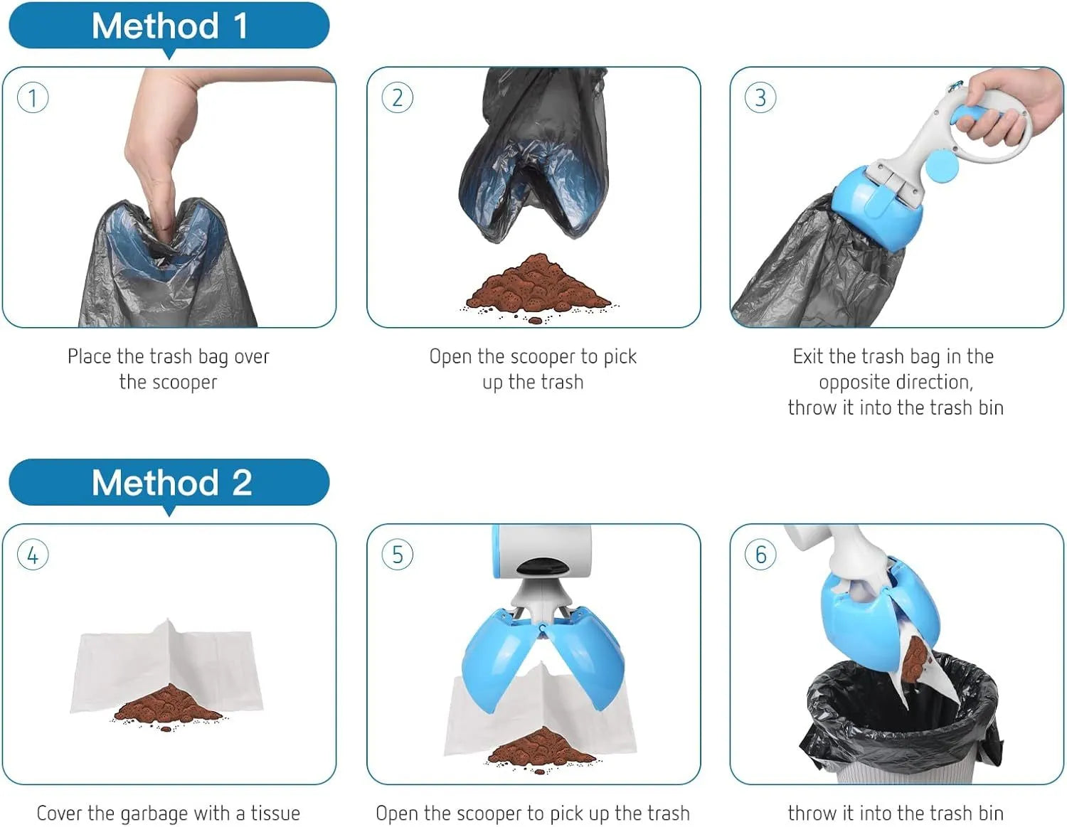 A black ABS plastic pooper scooper with a built-in waste bag holder and a top carrying hook.