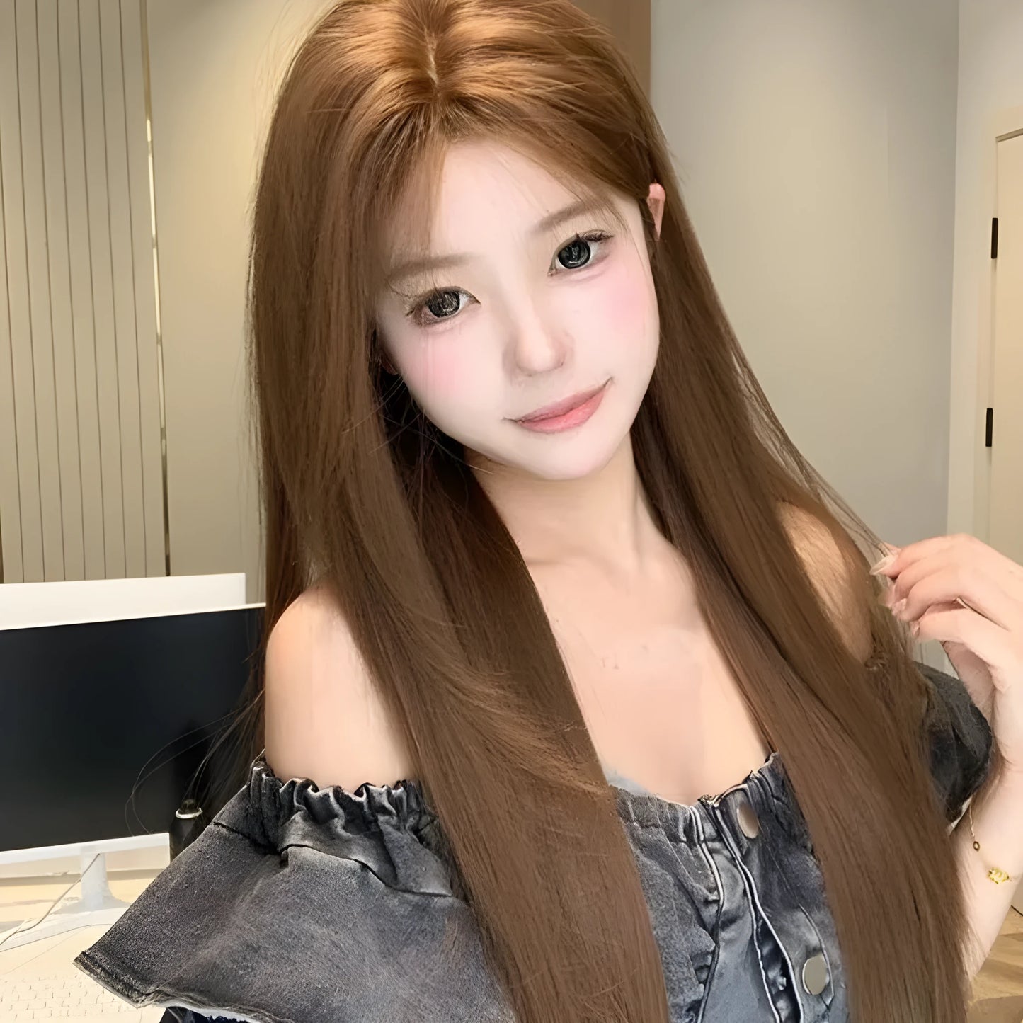 Warm brown long straight lace front wig with centre-parted bangs