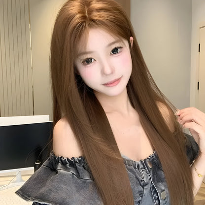 Warm brown long straight lace front wig with centre-parted bangs