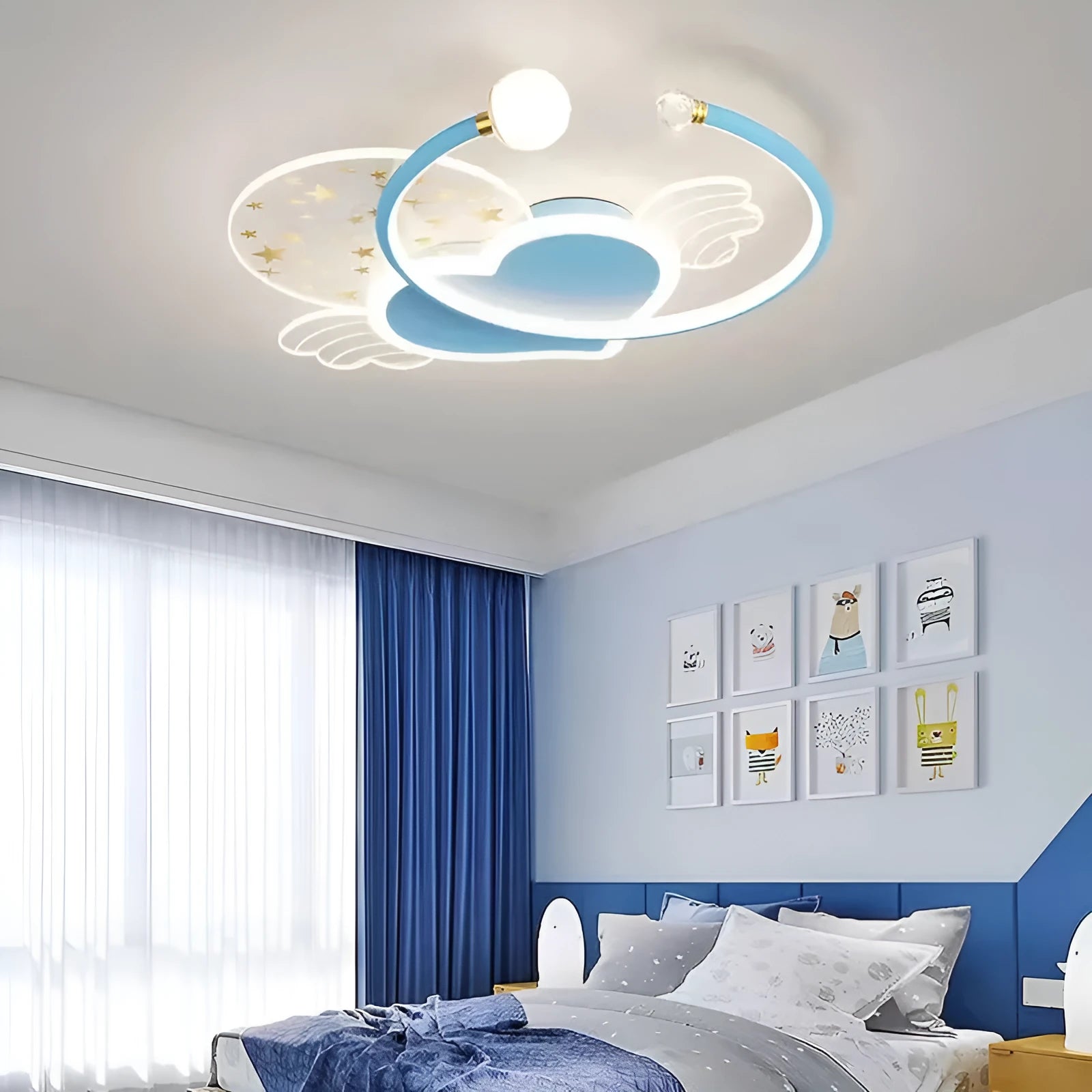 Children's bedroom ceiling lamp with moon star cloud design and adjustable LED lighting in blue colour option