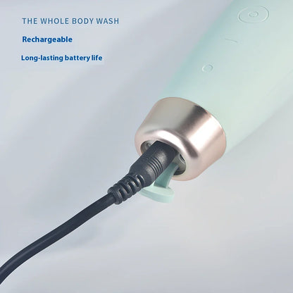 Green electric facial cleaner with silicone brush head, measuring 15cm length