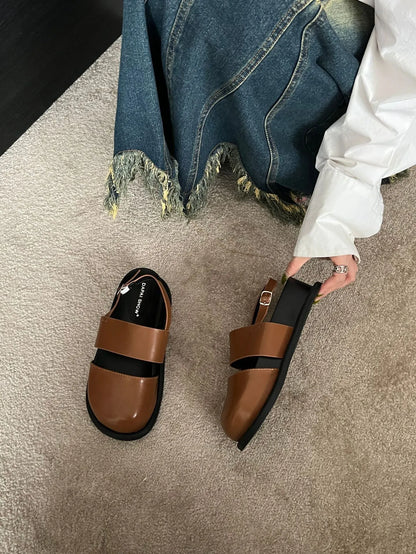 Retro Korean style closed toe sandals with ankle buckle in black, brown, and apricot colours