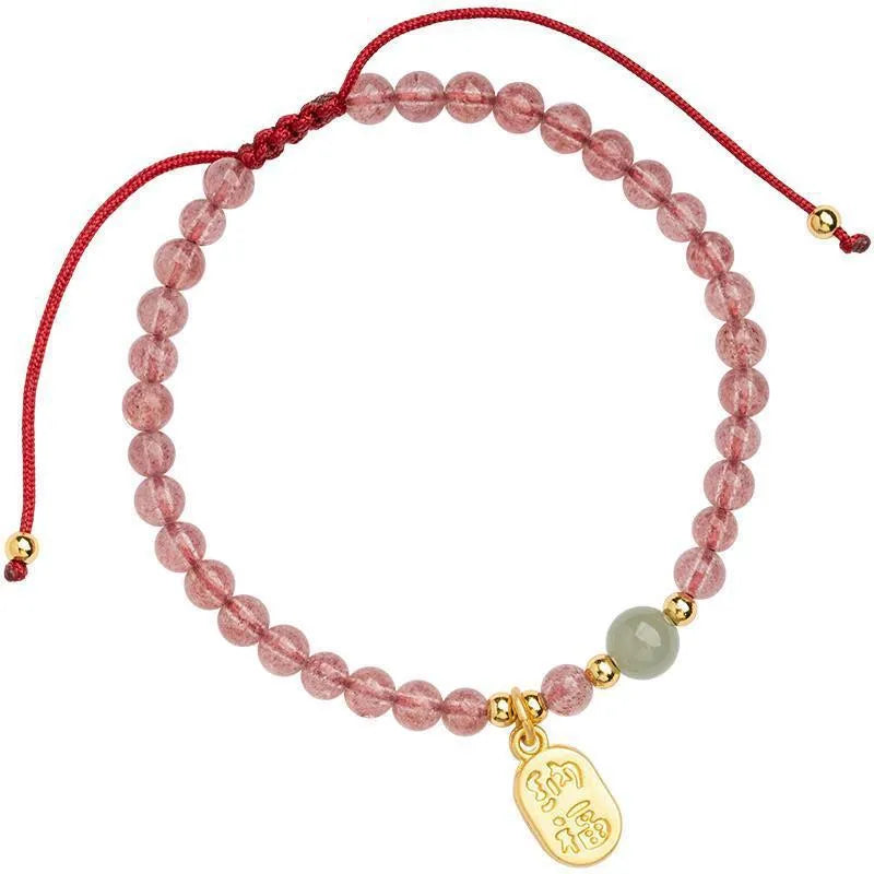 Red rope hand-woven bracelet with strawberry quartz crystals in national tide style