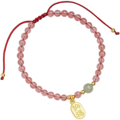 Red rope hand-woven bracelet with strawberry quartz crystals in national tide style