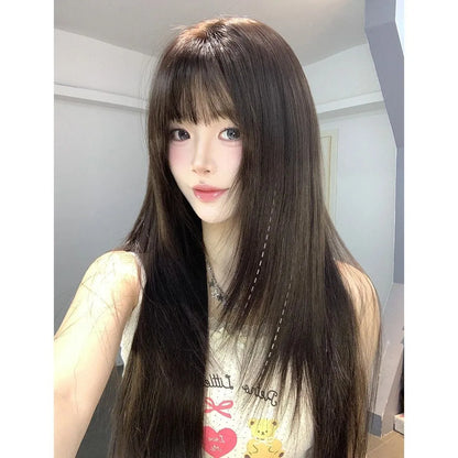 Long straight full-head synthetic wig in brown shades for skin treatment coverage