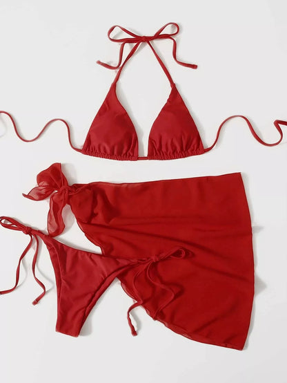 Women's three-piece mesh bikini swimsuit in vibrant colours, perfect for summer