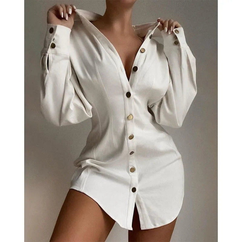 Women's Hong Kong style art retro shirt with matel silk fabric, featuring waist-controlled fastener decoration, button detailing, and regular long sleeves in khaki, blue, black, or white colours, available in sizes S to 2XL