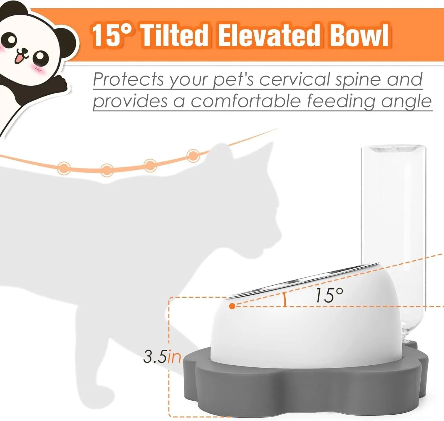 Grey panda-shaped tilted pet feeder with food bowl, water bowl, and a 17oz water bottle attached.