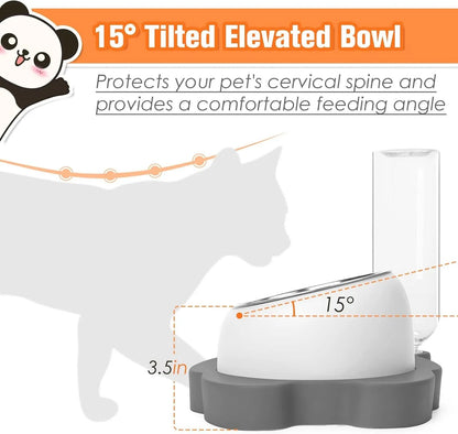 Grey panda-shaped tilted pet feeder with food bowl, water bowl, and a 17oz water bottle attached.