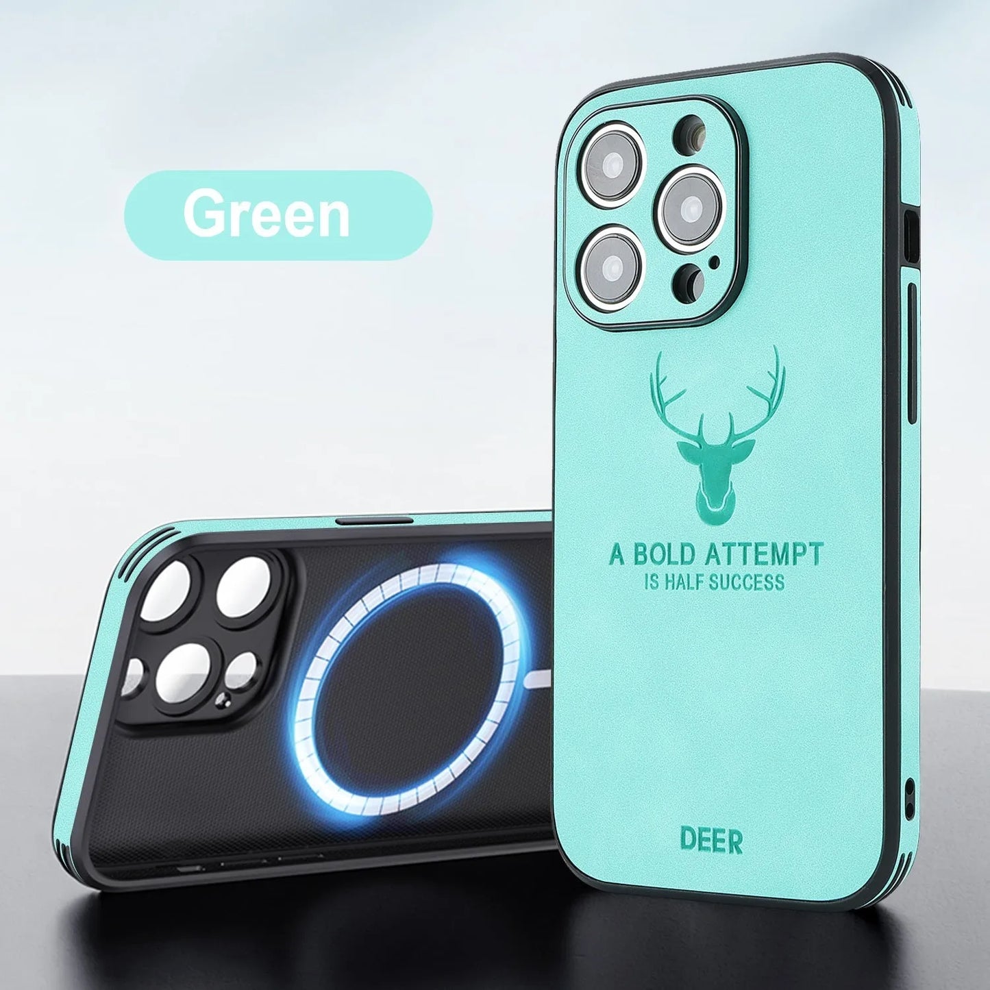iPhone 16 magnetic charging case with a raised 3D embossed moose head pattern on a faux leather back in dark green.