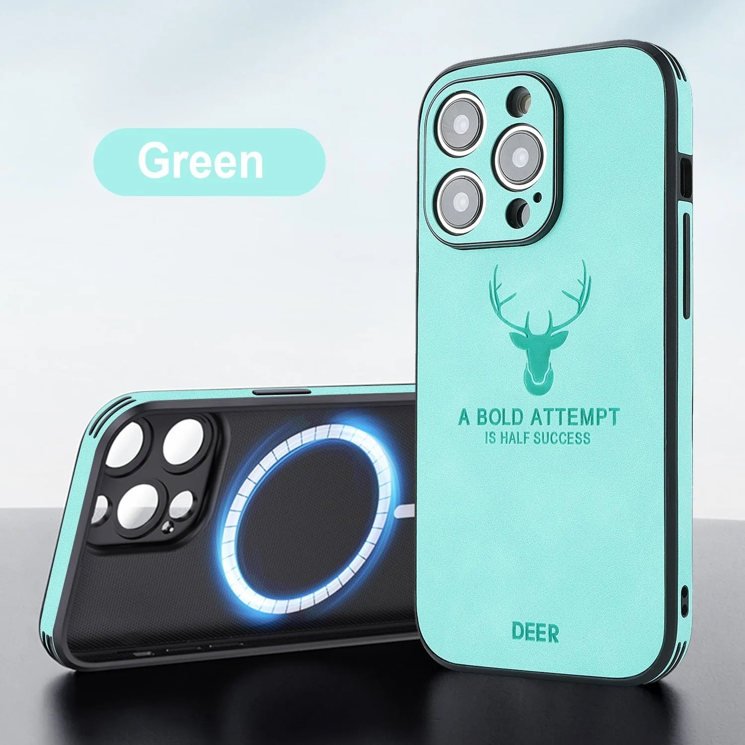 iPhone 16 magnetic charging case with a raised 3D embossed moose head pattern on a faux leather back in dark green.