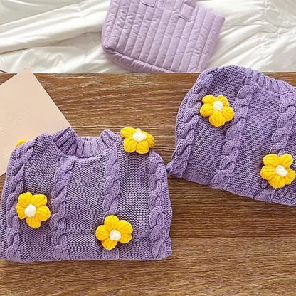 Purple flower print knitted dog clothing shown on small dog with size indicators