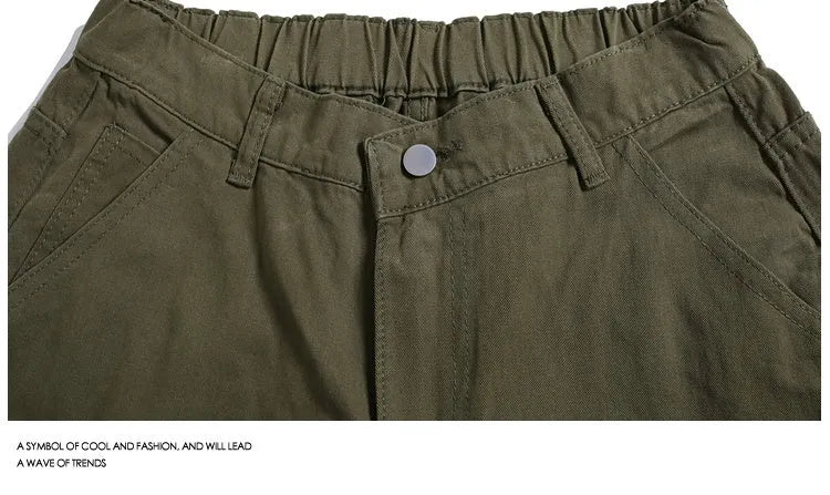 Workwear Rivet Cropped Pants Casual Wide-leg Shorts with mid waist and micro-elastic fabric in sizes S to 3XL available in apricot, red, or army green colours for a loose fit casual style