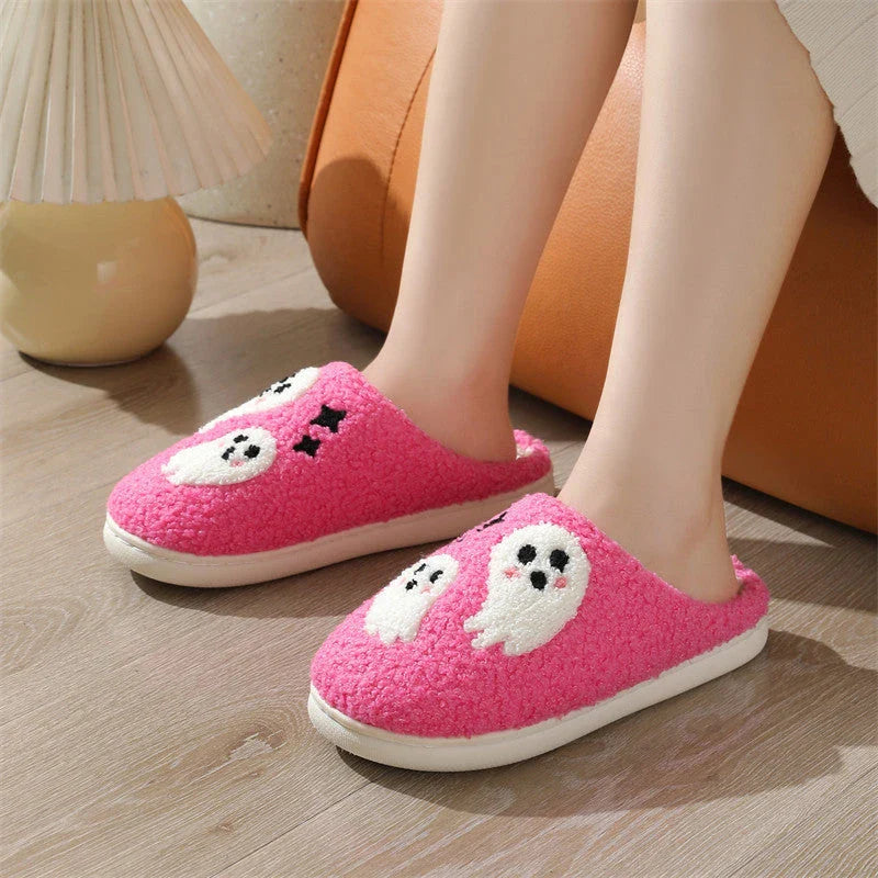 Cozy Halloween ghost-themed cotton slippers for women in pink and black colors