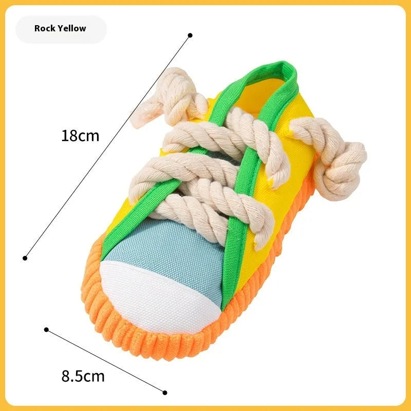 Plastic squeaky dog slipper chew toy in yellow, black, or blue colour