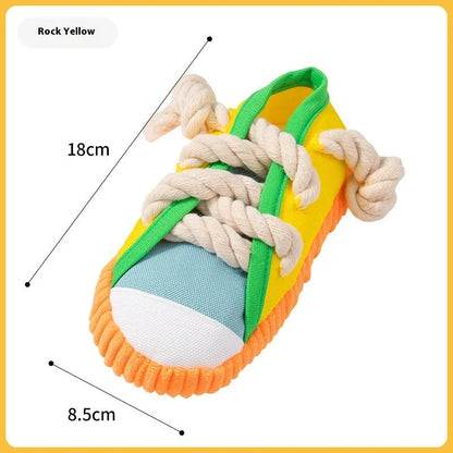 Plastic squeaky dog slipper chew toy in yellow, black, or blue colour