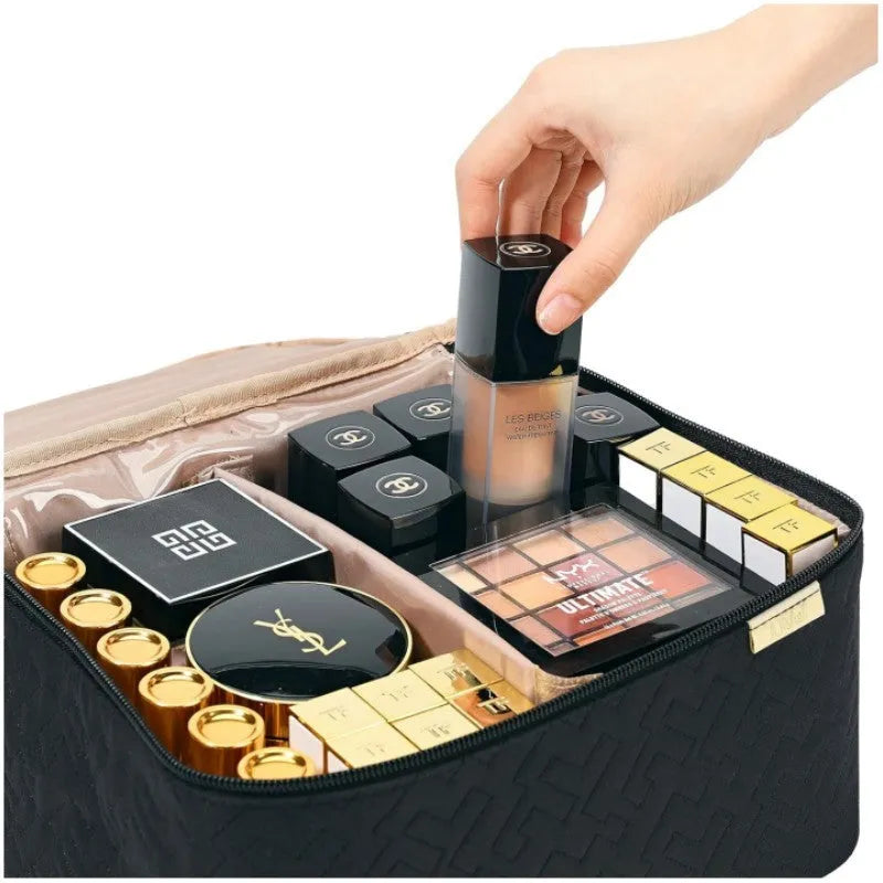 Portable double layer cosmetics bag in peach fabric leather with polyester lining, shown in black or pink