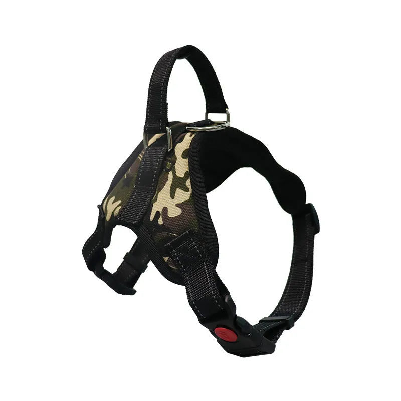 Explosion-proof polyester dog chest harness in black with saddle chest strap for medium and large dogs, sizes XS to XL