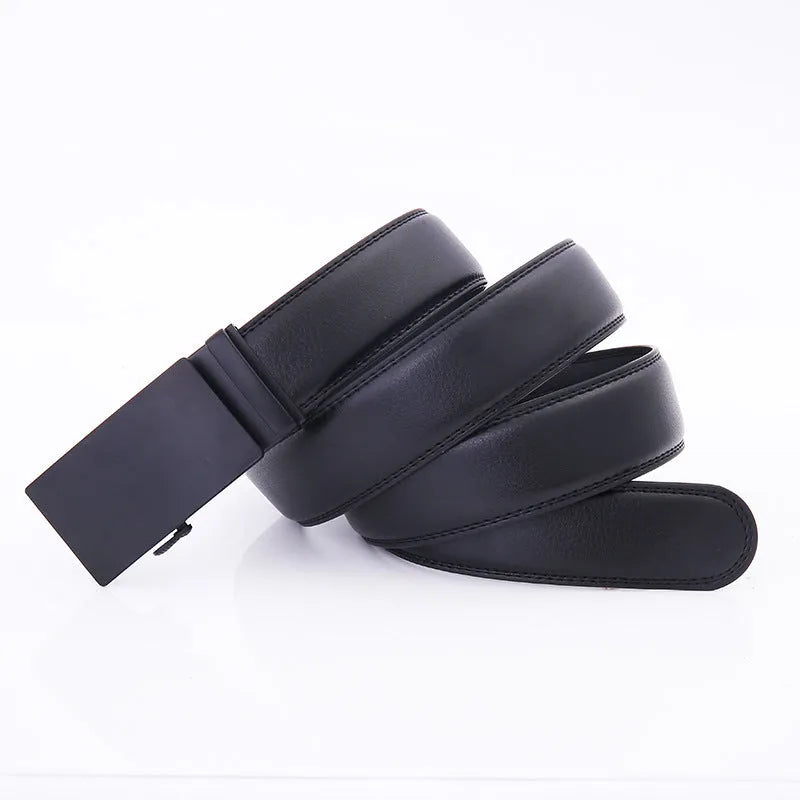 Business Automatic Buckle Leather Belt for Men, Two-Layer Cowhide with Frosted Finish, Alloy Rectangle Buckle, 120cm or 130cm Length, Black Letter Pattern, Car Suture Detail
