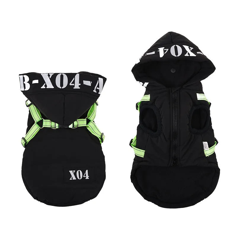 Red fleece-lined waterproof dog winter jacket with hood on a small dog