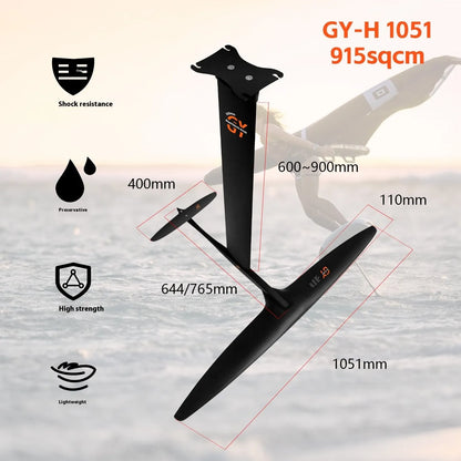 Black carbon fibre and aluminium racing hydrofoil for surfboards with large front wing.