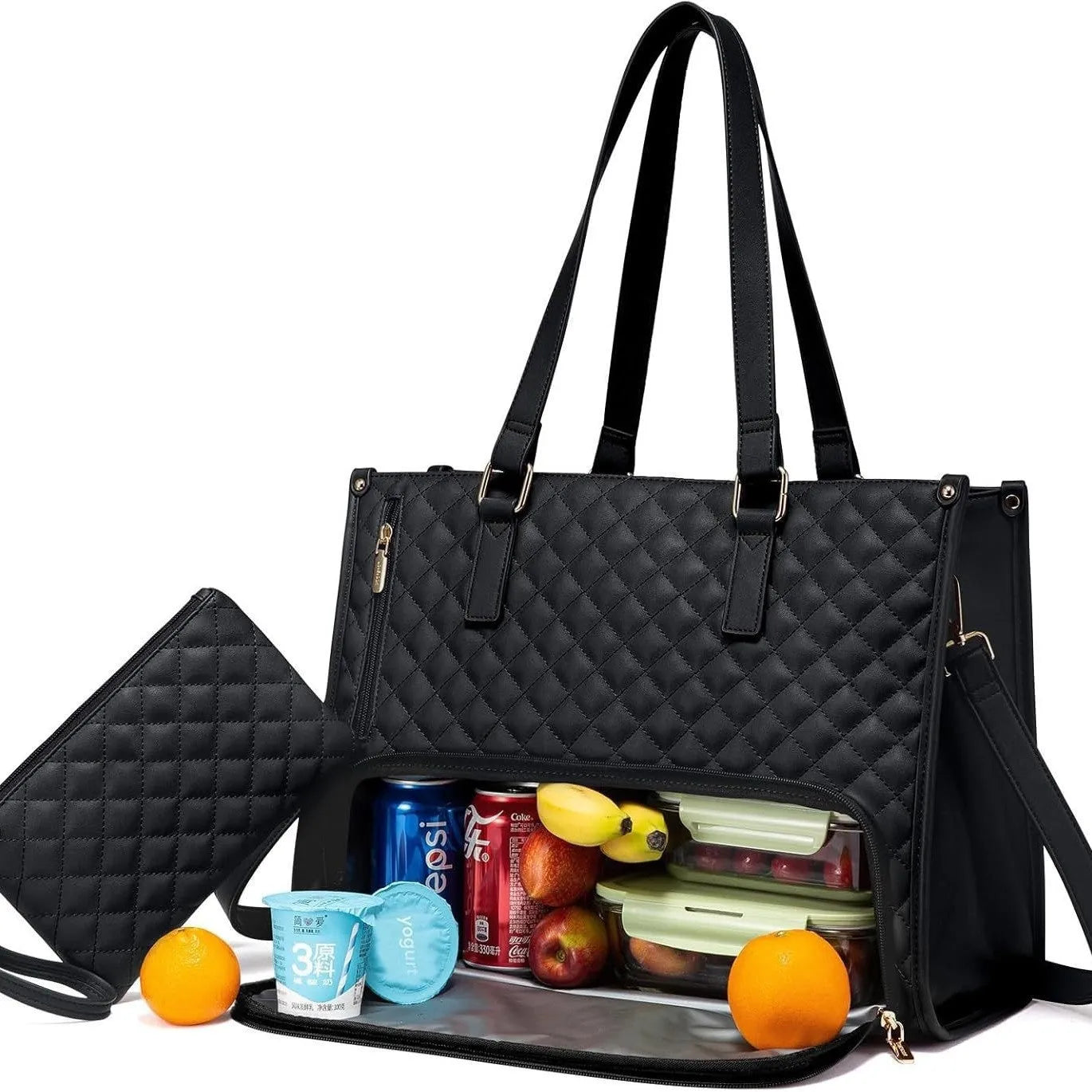 Women's quilted insulated lunch tote bag with laptop compartment and matching wallet in seven colour options