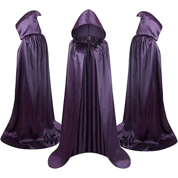 Premium hooded wizard cloaks in black, gold, and purple for enchanting Halloween costumes and dress-up