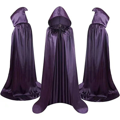 Premium hooded wizard cloaks in black, gold, and purple for enchanting Halloween costumes and dress-up
