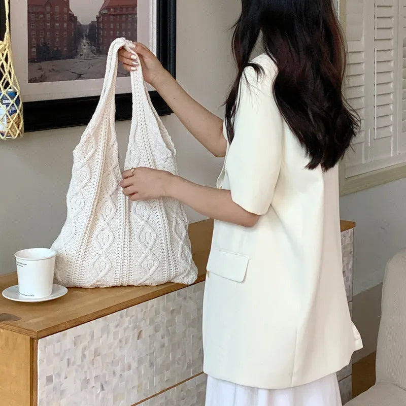 Women's retro crochet shoulder bag in hollow-knitted polyester with double straps, shown in khaki colour